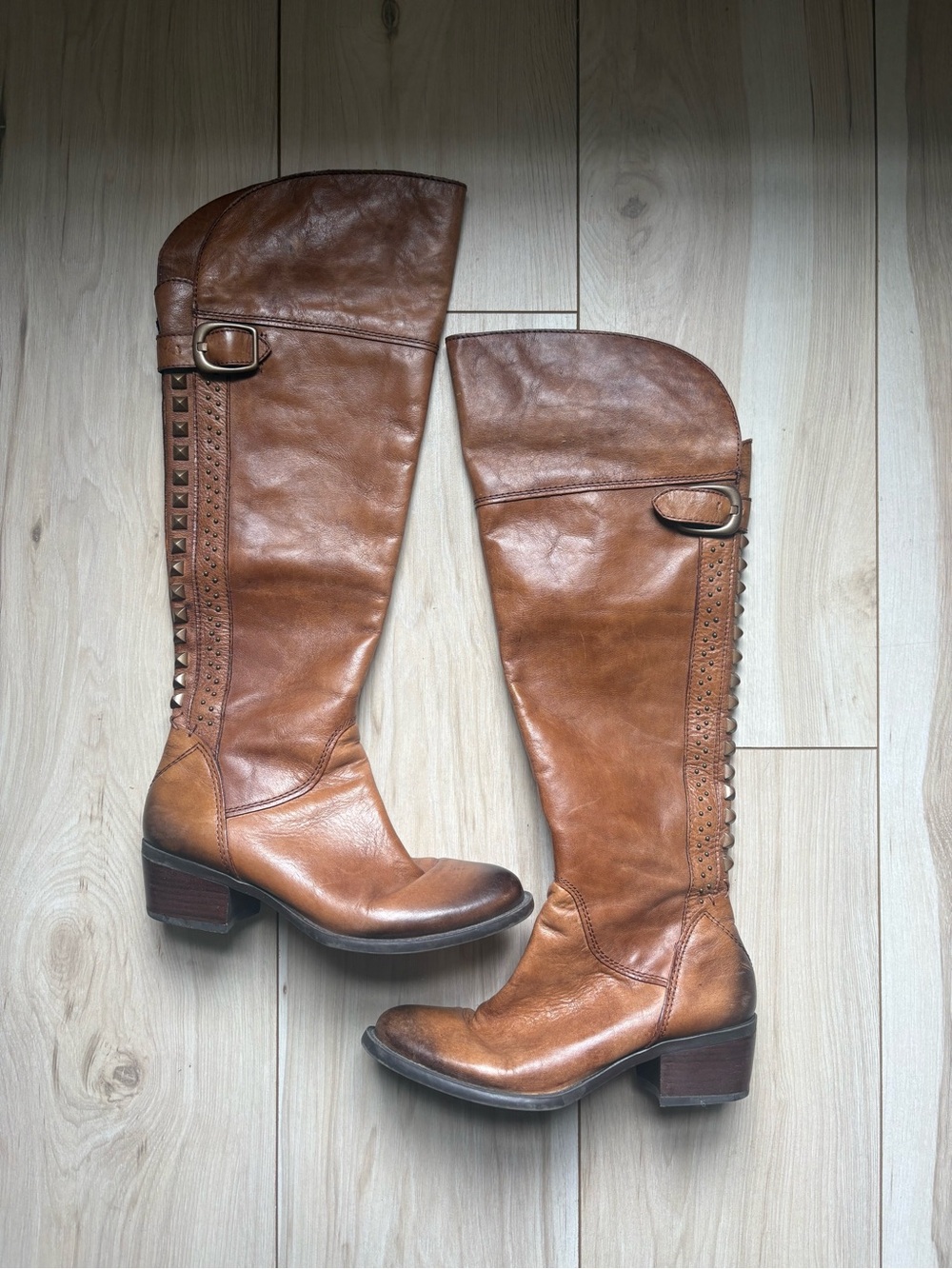 Vince Camuto Bollo Brown Leather Knee High Studded Boots Buckle Western
